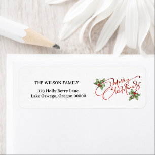 Étiquette Holly Berry Gradient Red Script Joyeux Noël