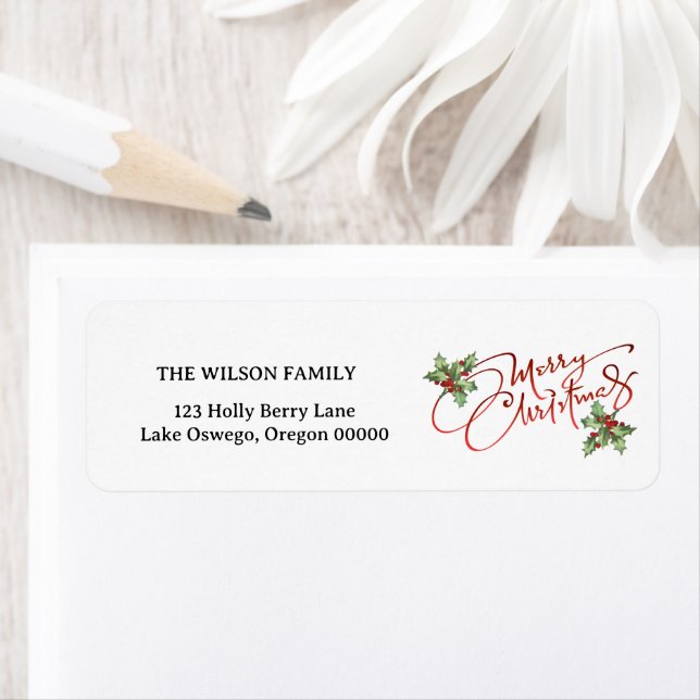 Étiquette Holly Berry Gradient Red Script Joyeux Noël (En situation)