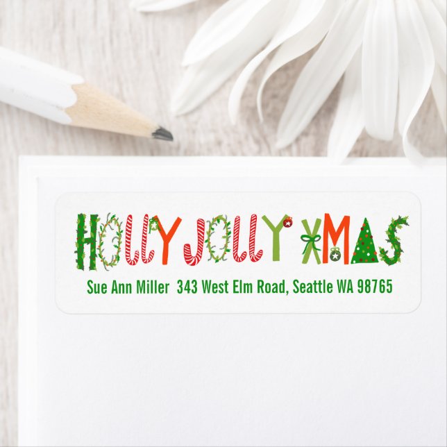 Étiquette HOLLY JOLLY XMAS Holiday Christmas CUSTOM address (En situation)