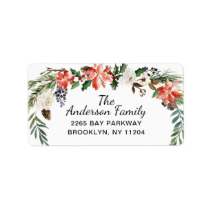 Étiquette Holly Poinsettia Wreath Christmas Adresse de retou