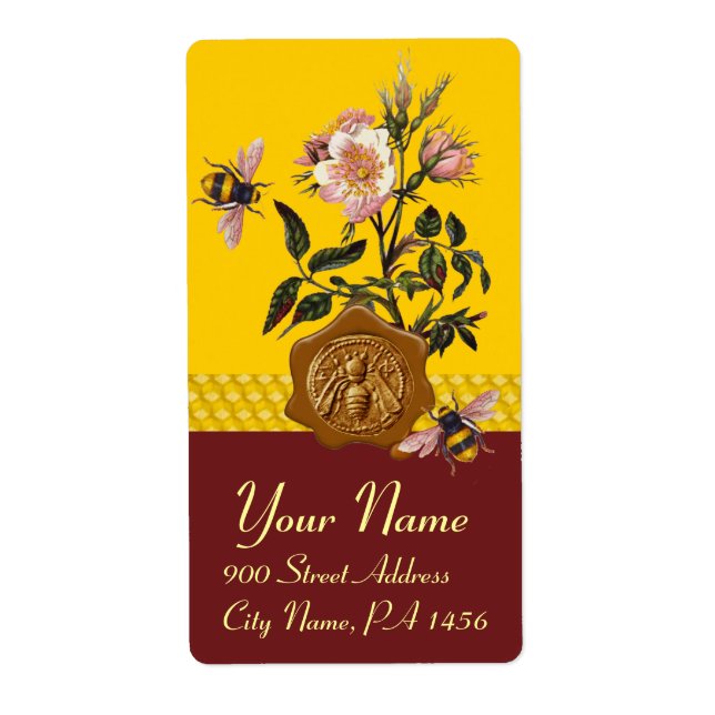 ÉTIQUETTE HONEY BEE AND WILD ROSES, BEEKEEPER WAX SEAL (Devant)