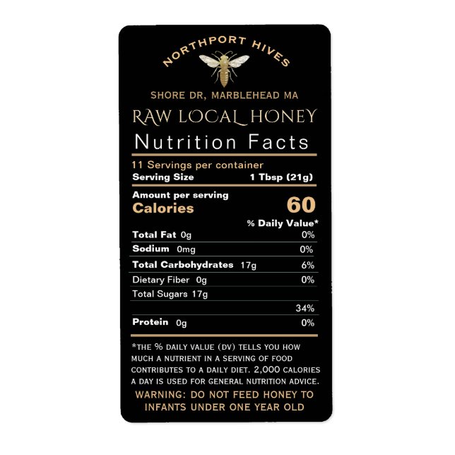 Étiquette Honey Nutrition bébé Avertissement & Bee Taille de (Devant)