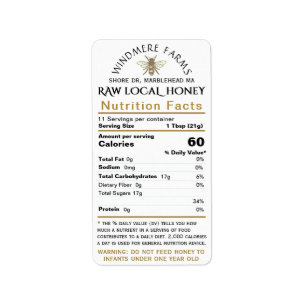 Étiquette Honey Nutrition bébé Avertissement & Bee Taille de