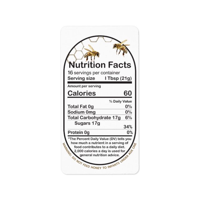 Étiquette Honey Nutrition Facts Bee Honeycomb Avertissement  (Devant)