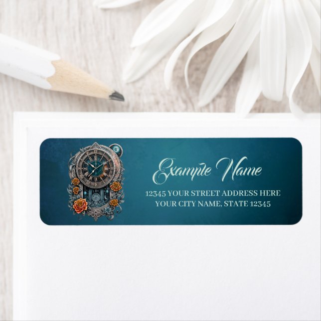 Étiquette Horloge Steampunk Ornate avec Roses. (En situation)