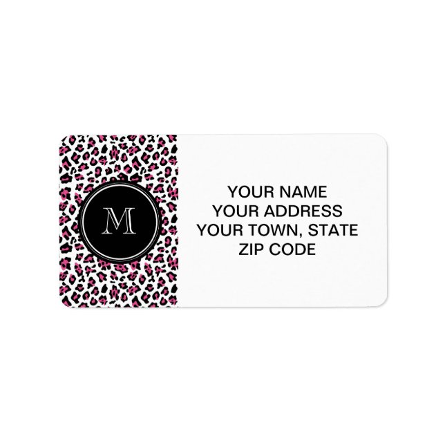 Étiquette Hot Pink Black Leopard Animal Print with Monogram (Devant)