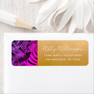 Étiquette Hot pink tropical palm leaf script gold address