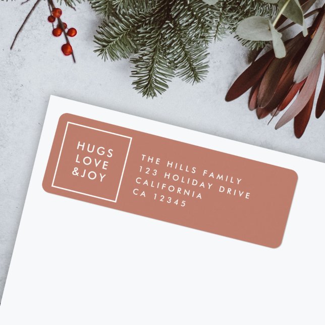 Étiquette Hugs Love et Joy | Terracotta Burnt Orange Modern (Modern “Hugs Love & Joy” address label by Guava for your holiday mail)