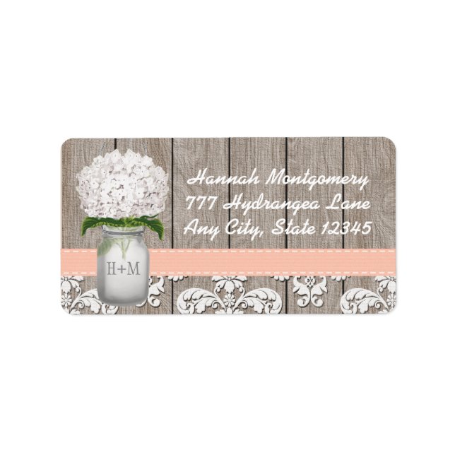 Étiquette Hydrangée blanche Monogramme Mason Jar en Pêche (Devant)