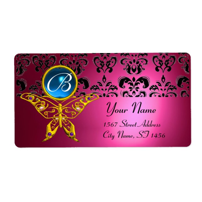 Étiquette HYPER BUTTERFLY MONOGRAM rose damassé bleu saphir (Devant)