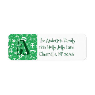 Étiquette Icônes de Noël Vert Père Noël Elf Snowman Monogram