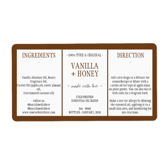 Étiquette Ingrédients de miel de vanille cosmétique marron (Devant)