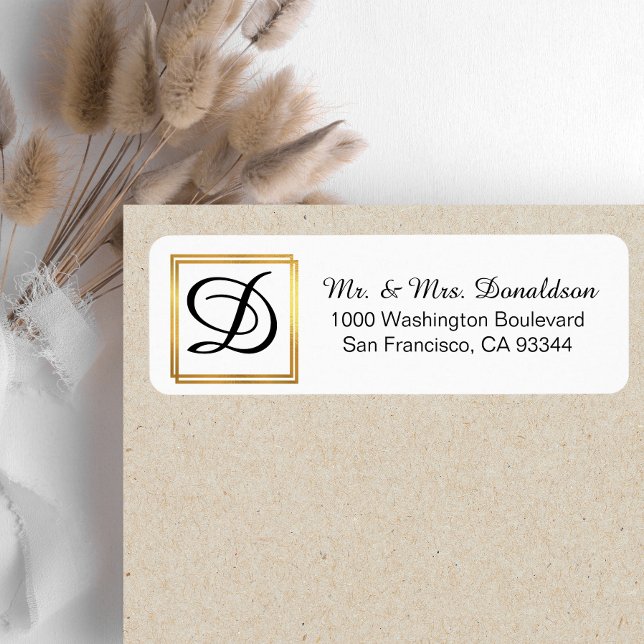 Étiquette Initiales du Monogramme de cadre en or noir modern (Créateur téléchargé)