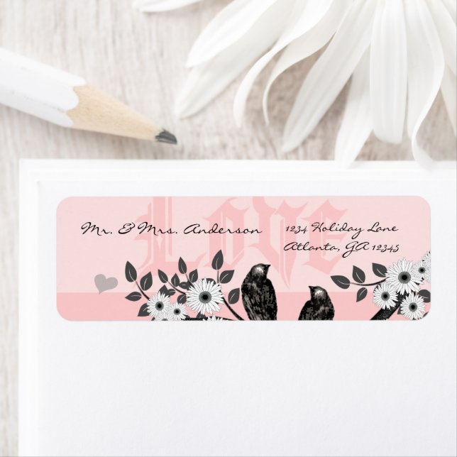 Étiquette Inséparables roses vintages Adresse de retour (En situation)