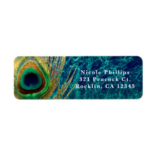 Étiquette Invitation Bleue Turquoise et Or à Plume de Paon B