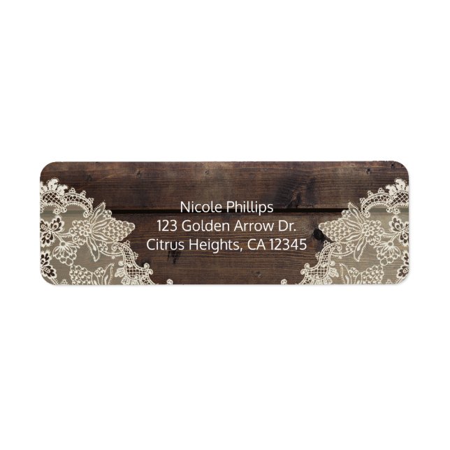 Étiquette Invitation de mariage rustique en bois et dentelle (Devant)