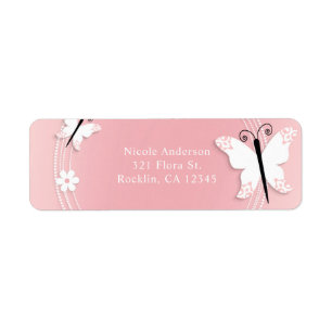 Étiquette Invitation Papillons et Fleurs Roses et Blancs