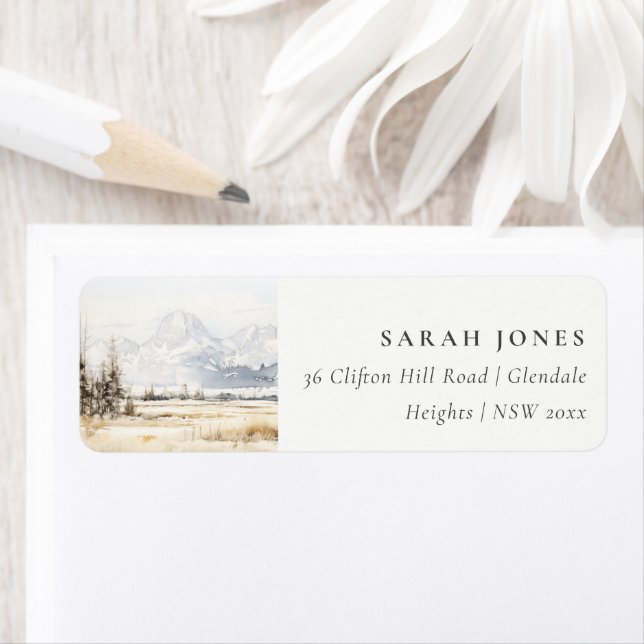 Étiquette Jackson Hole Wyoming Watercolor Landscape Address (En situation)