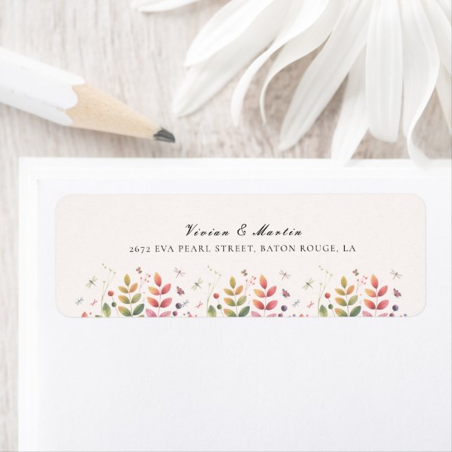 Étiquette Jardin d'automne avec libellules Adresse Mariage (En situation)