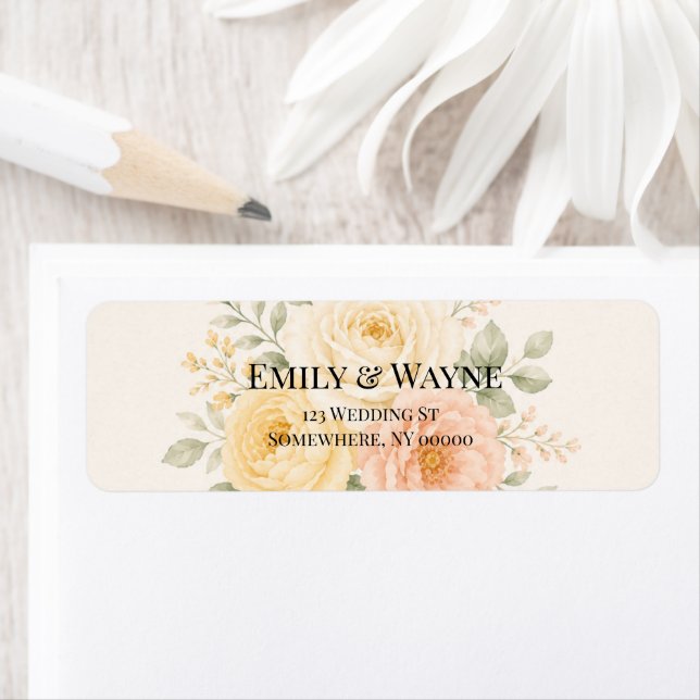 Étiquette Jaune Beurre Mariage Fleur Pêche et Ivoire  (En situation)