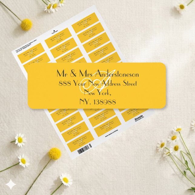 Étiquette Jaune Ensoleillé Mariage Blanc Monogramme Adresse  (Perfect for the Sunny Yellow Wedding, or for whenever you want a stylish return address label.)