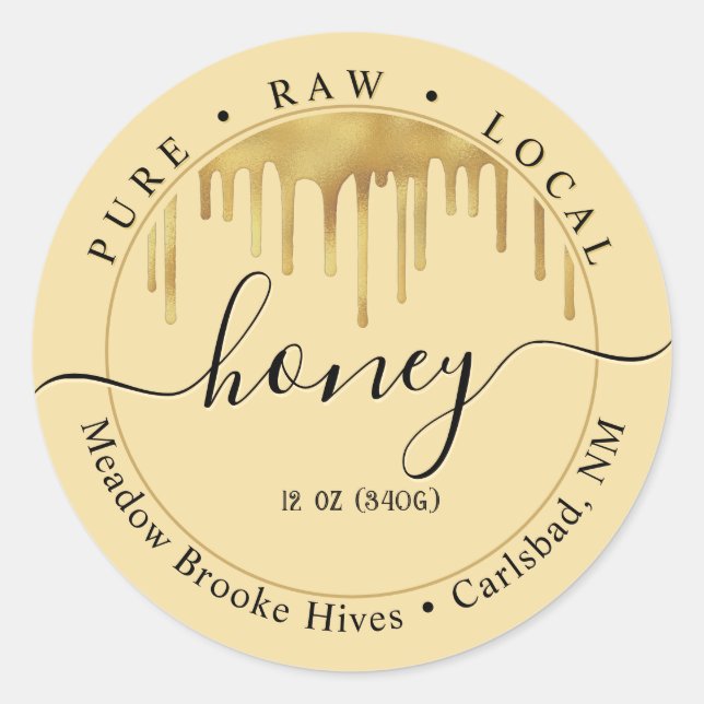 Étiquette jaune miel avec gouttes et police décora (Devant)