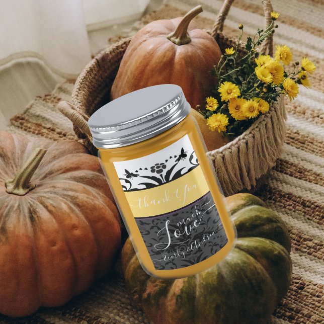 Étiquette Jaune, Noir et Gris Bumble Bee Floral Damask (Créateur téléchargé)