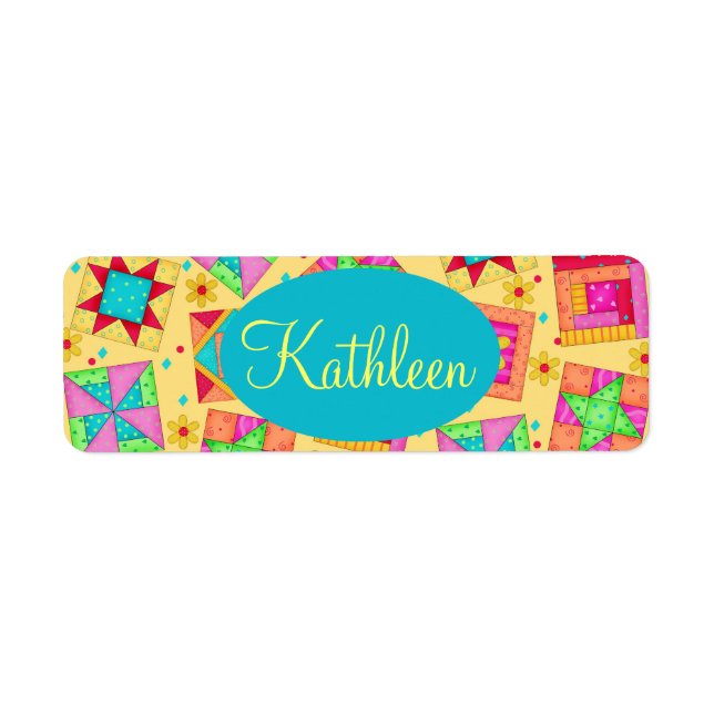 Étiquette Jaune Patchwork Quilt Block Art personnalisé (Devant)