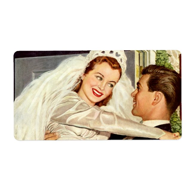 Étiquette Jeunes mariés de mariage vintage, heureuse mariée  (Devant)