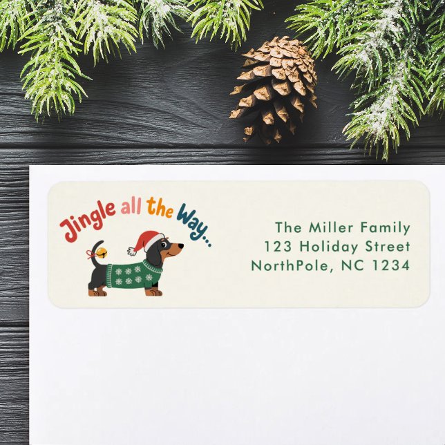 Étiquette Jingle All the Way – Cute Holiday Pet Gift & Mail (Return address label with “Jingle all the Way…” in fun lettering, dachshund in a green sweater )