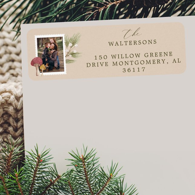 Étiquette Joie Peace Love Aquarelle Woodsy Mushrooms Photo (Joy Peace Love Watercolor Woodsy Mushrooms Photo Label)