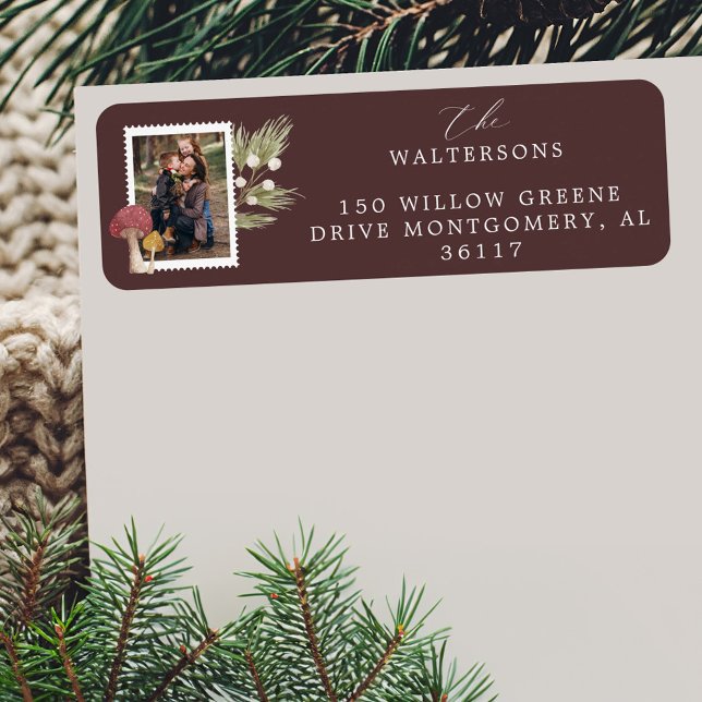 Étiquette Joie Peace Love Aquarelle Woodsy Mushrooms Photo (Joy Peace Love Watercolor Woodsy Mushrooms Photo Label)