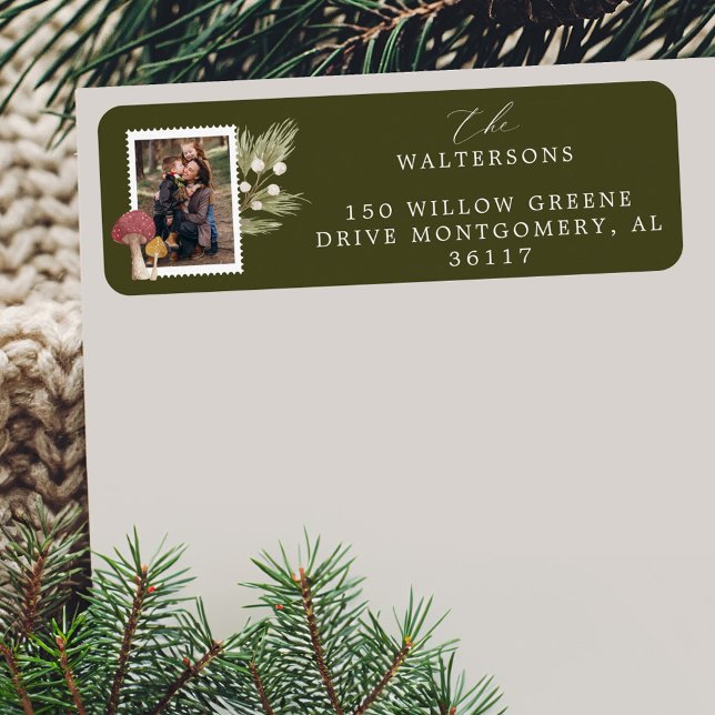 Étiquette Joie Peace Love Aquarelle Woodsy Mushrooms Photo (Joy Peace Love Watercolor Woodsy Mushrooms Photo Label)