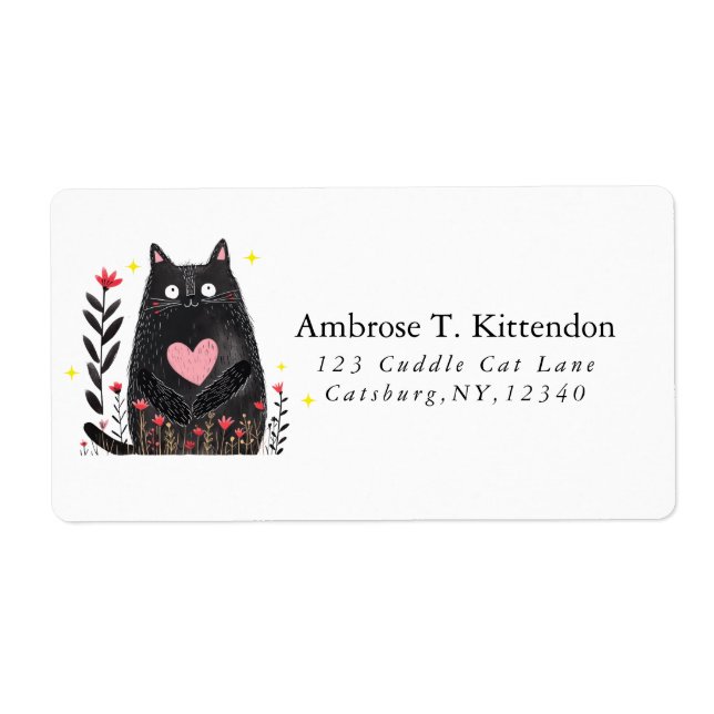 Étiquette Joli art boho floral aquarelle chat noir  (Devant)