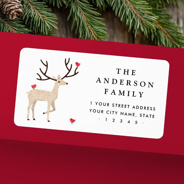 Étiquette Joli cerf avec les oiseaux rouges adresse de retou (Cute stag with red birds return address label)