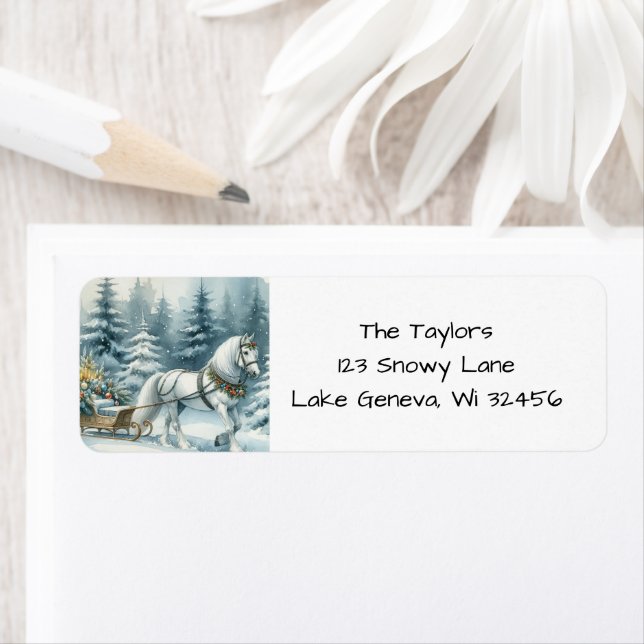 Étiquette Joli Cheval d'hiver et un Sleigh de Noël (En situation)