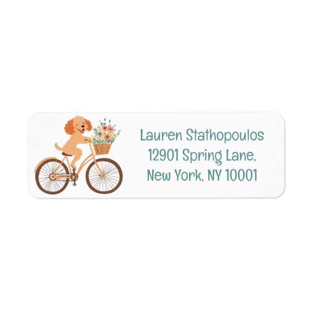 Étiquette Joli chien Goldendoodle faisant du vélo avec des f (Devant)