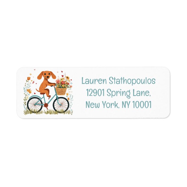 Étiquette Joli chien teckel à vélo Fleurs printanières (Devant)