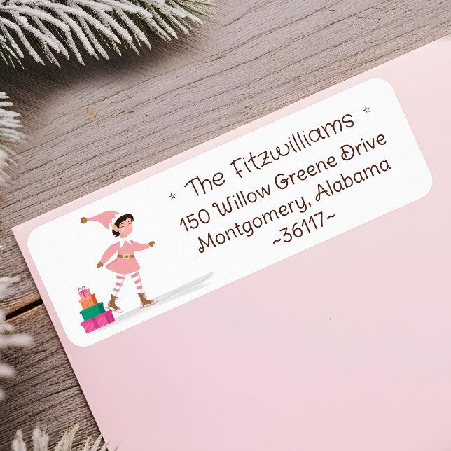 Étiquette Joli Elfe de Noël Rose Patinant  (Cute Pink Christmas Elf Ice Skating Label)