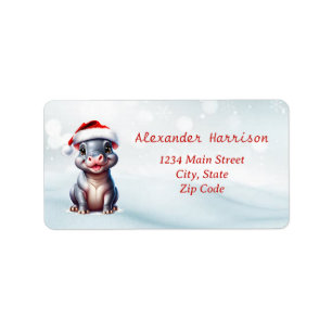 Étiquette Joli Hippopotame Santa Hat Snowy Noël