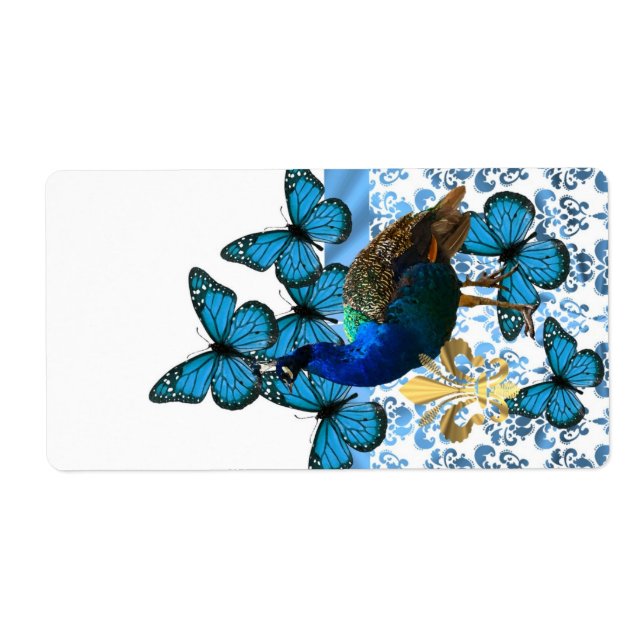 Étiquette Joli paon et papillons bleus (Devant)
