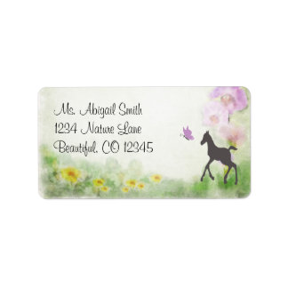 Étiquette Joli poulain, papillon et fleurs Adresse du cheval