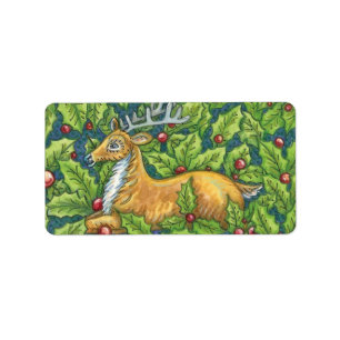 Étiquette Joli renne de Noël en forêt avec Holly