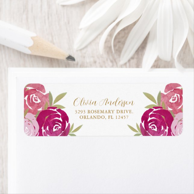 Étiquette Joli Roses d'aquarelle rose et violet Floral (En situation)