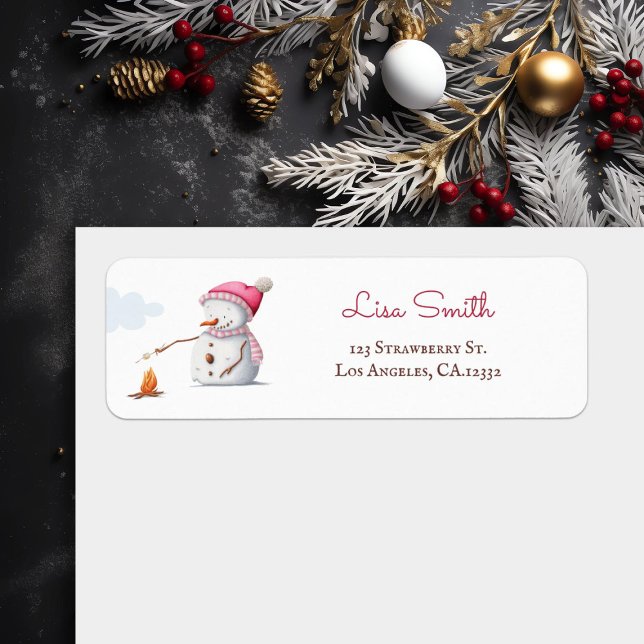 Étiquette Joli Snowman Roasting Marshmallows hiver (Créateur téléchargé)