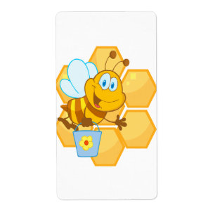 Étiquette jolie abeille au miel et nid d'abeille