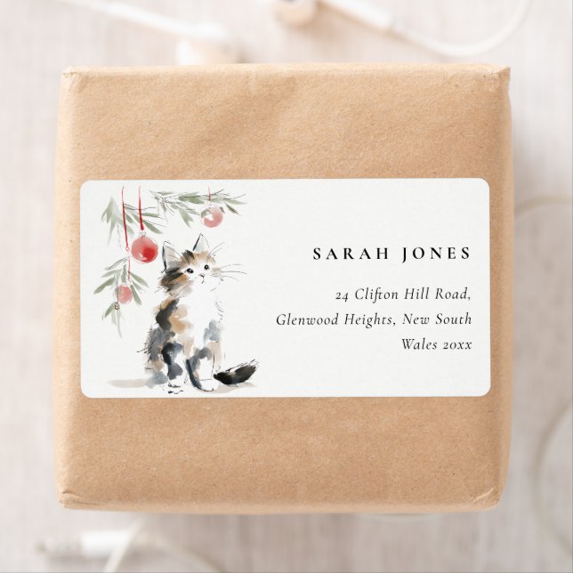 Étiquette Jolie adresse de chat d'arbre de Noël à l'aquarell (En situation)