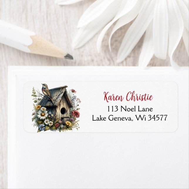 Étiquette Jolie aquarelle Rustique Birdhouse et Bird (En situation)