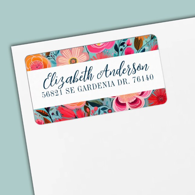 Étiquette Jolie Botanique Girly Floral Adresse de retour (A pretty colorful floral return address label with script typography. Personalize them.)
