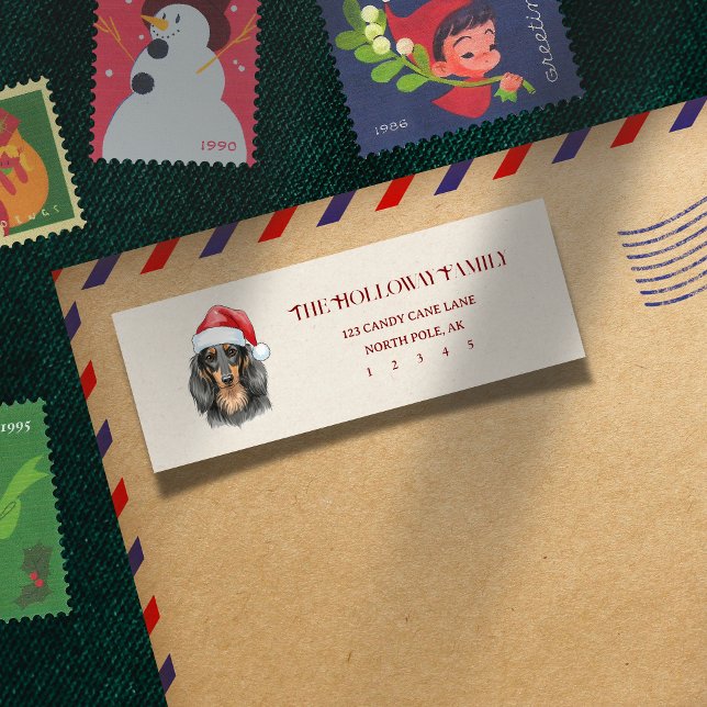 Étiquette Jolie main de Noël tiré Dachshund retour (Send fun, holiday greetings with a photo of your pet! )